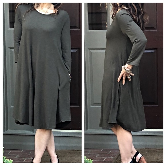 Olive green side pocket 3/4 sleeves swing dress - Picture 6 of 8